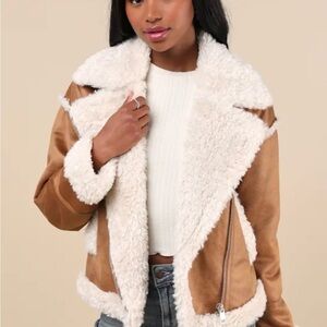 NVLT Cozy Allover Brown Vegan Leather
Shearling Trim Moto Jacket
